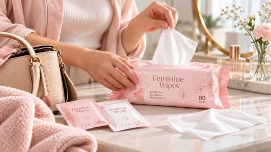 Feminine hygiene wipes with an 80-count pack and individually wrapped sachets